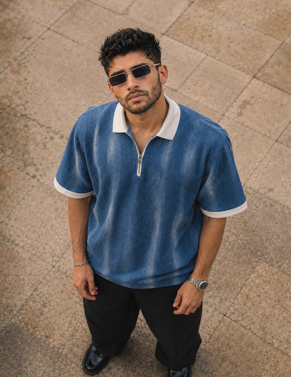 Force Printed Men Zip Neck Blue T-Shirt
