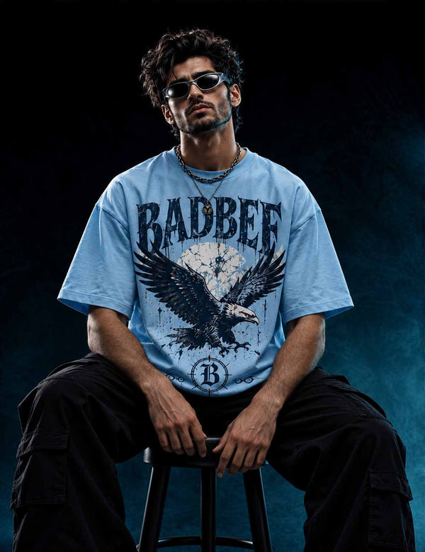 Sky Reign – Sky Blue Eagle Graphic Oversized Half-Sleeve T-Shirt