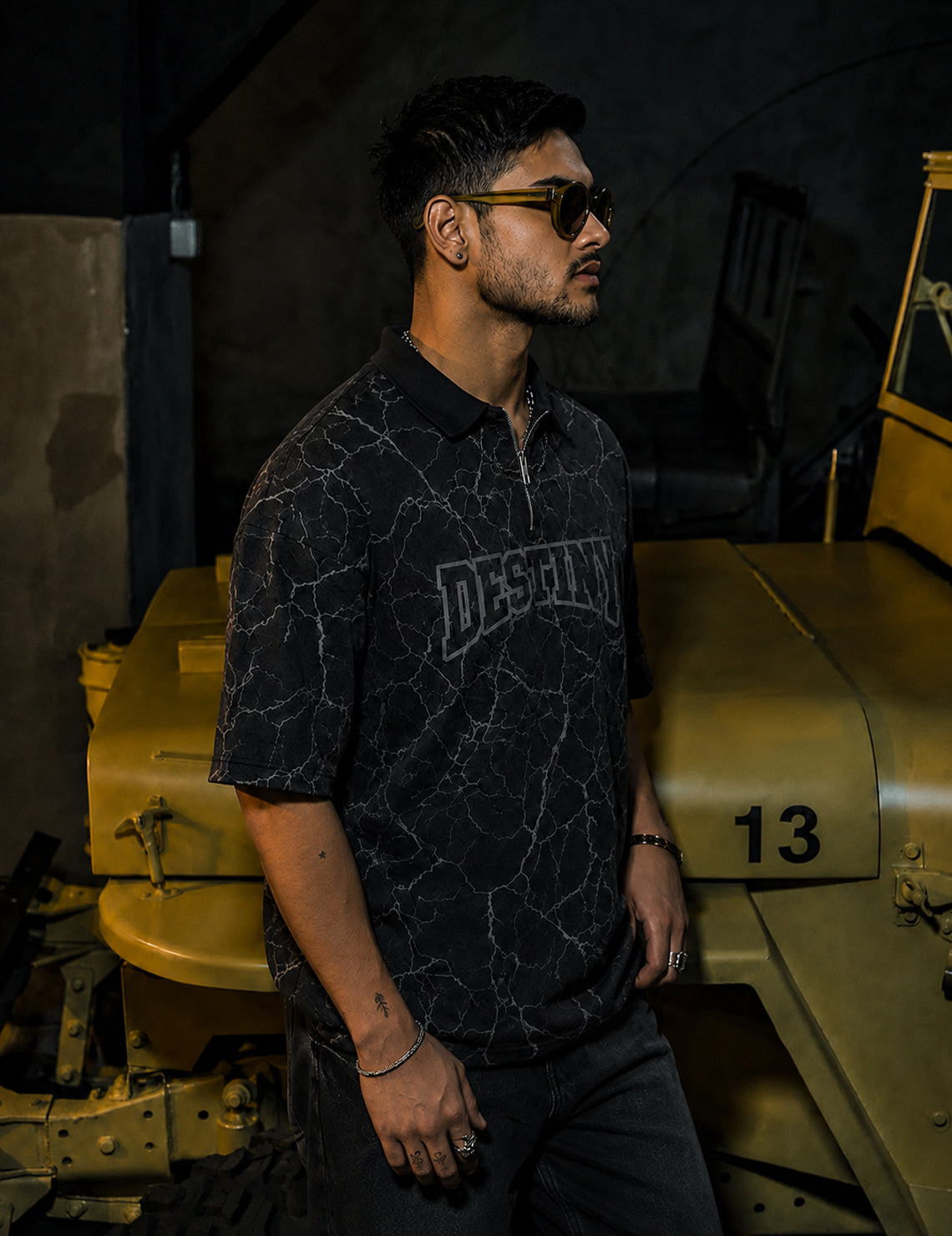 Force Printed Men Zip Neck Black T-Shirt