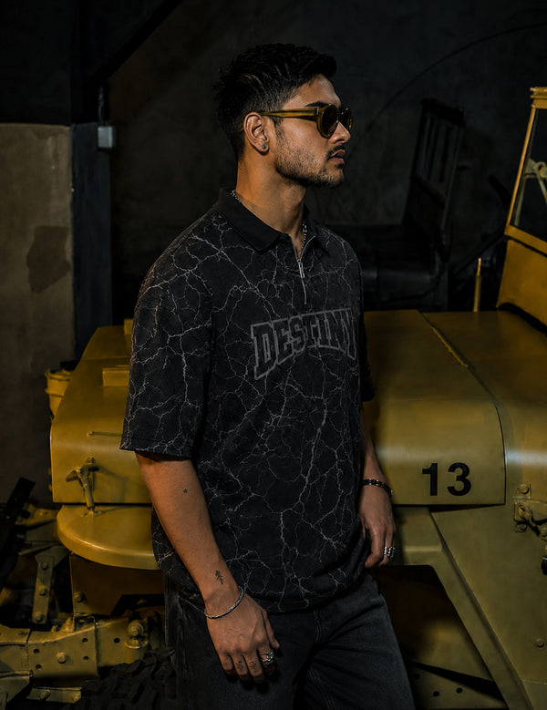 Force Printed Men Zip Neck Black T-Shirt