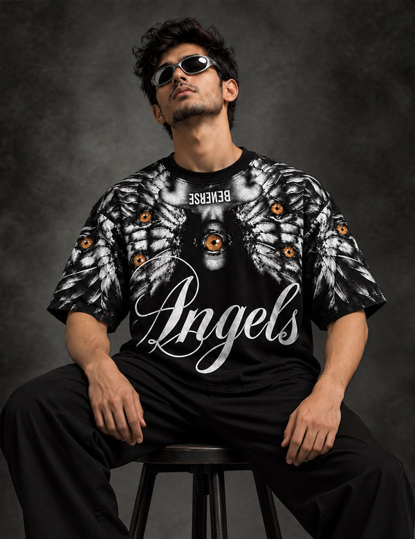 Seraphic Vision – Black Angel Graphic Half-Sleeve T-Shirt