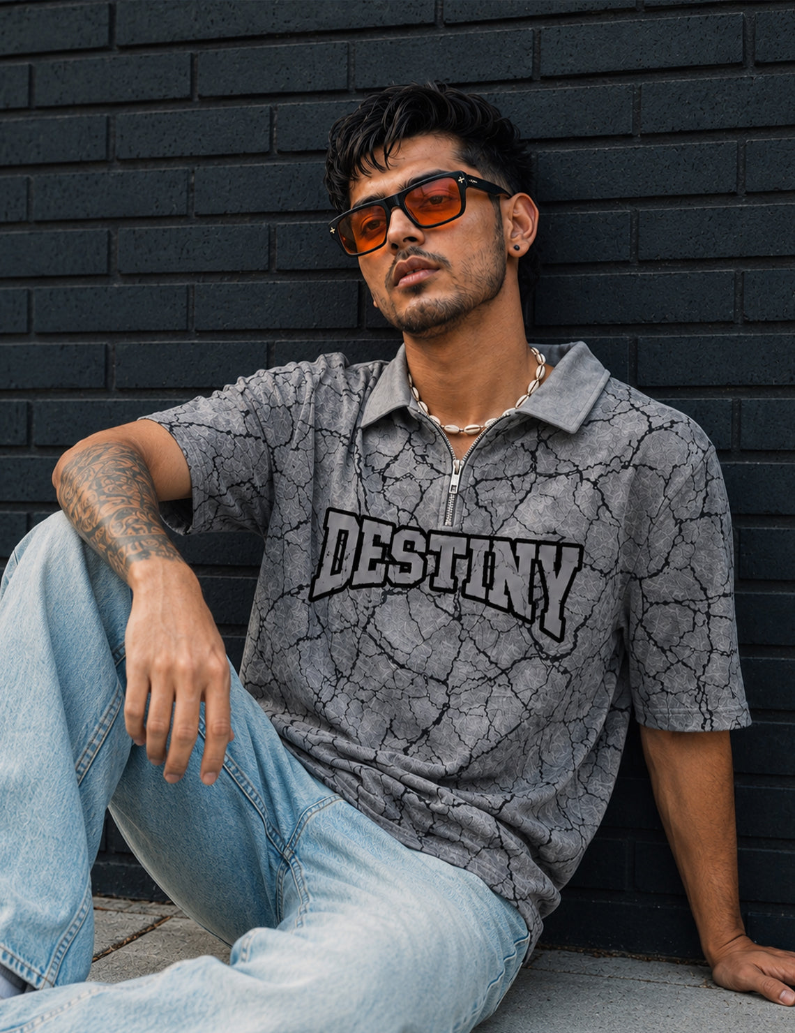 Force Printed Men Zip Neck Grey T-Shirt