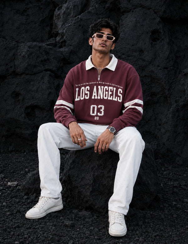 Force Printed Men Zip Neck Maroon T-Shirt