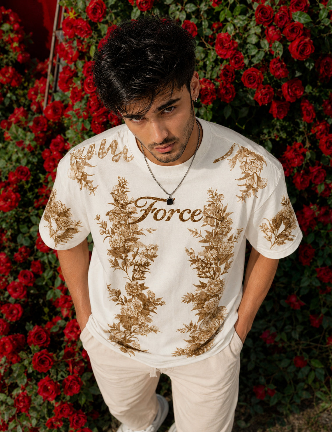 Force Printed Men Round Neck Beige T-Shirt