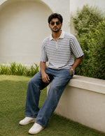 Force striped Men Zip Neck Blue T-Shirt