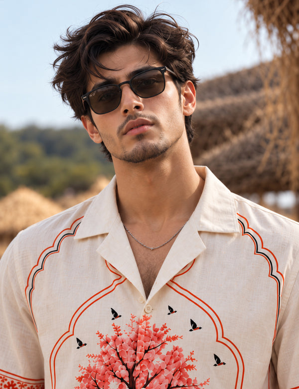 Force Mens Floral Print OFF-White Shirt