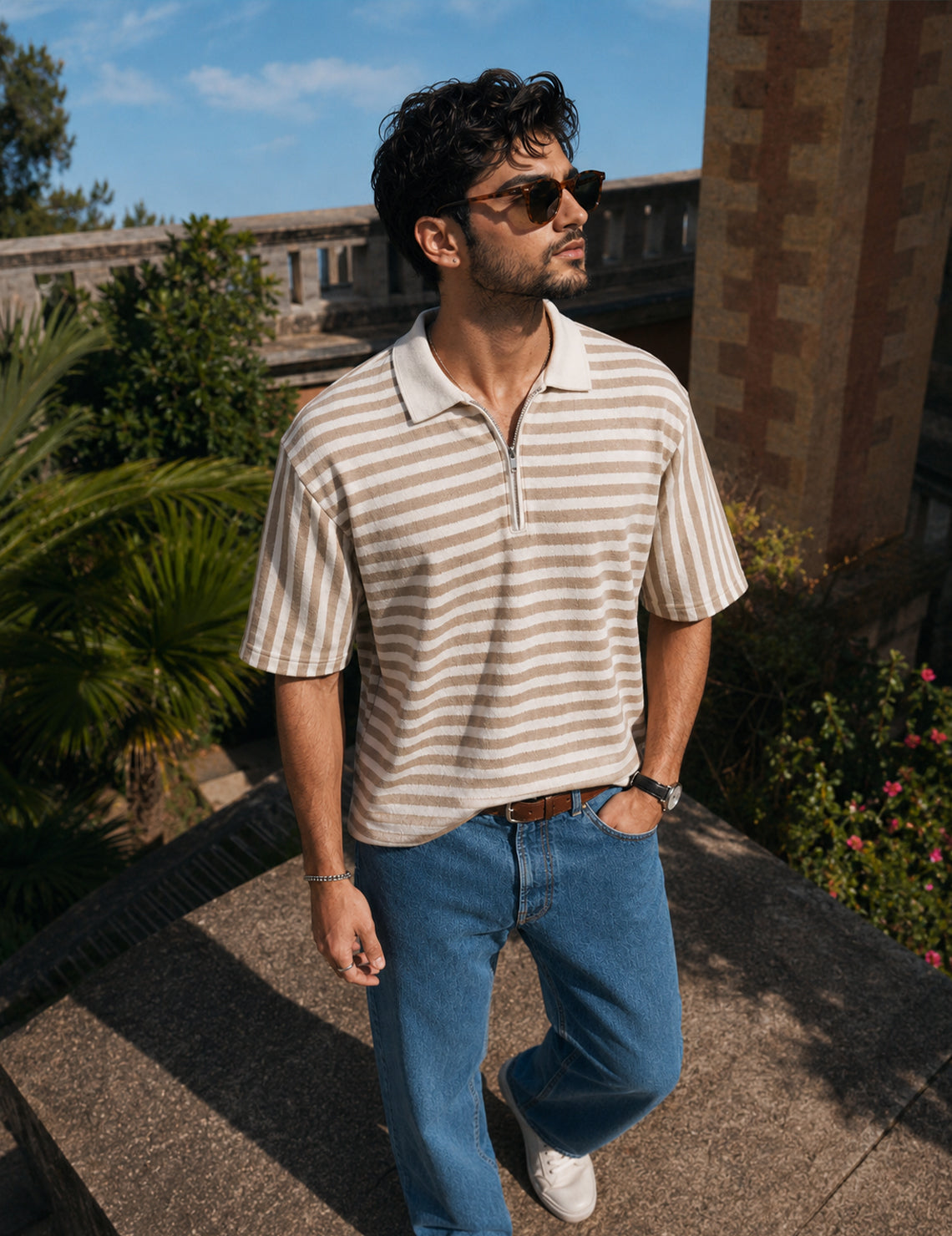 Force striped Men Zip Neck Brown T-Shirt