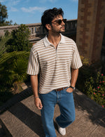 Force striped Men Zip Neck Brown T-Shirt