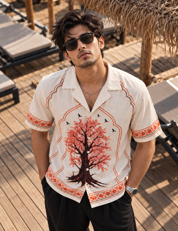 Force Mens Floral Print OFF-White Shirt