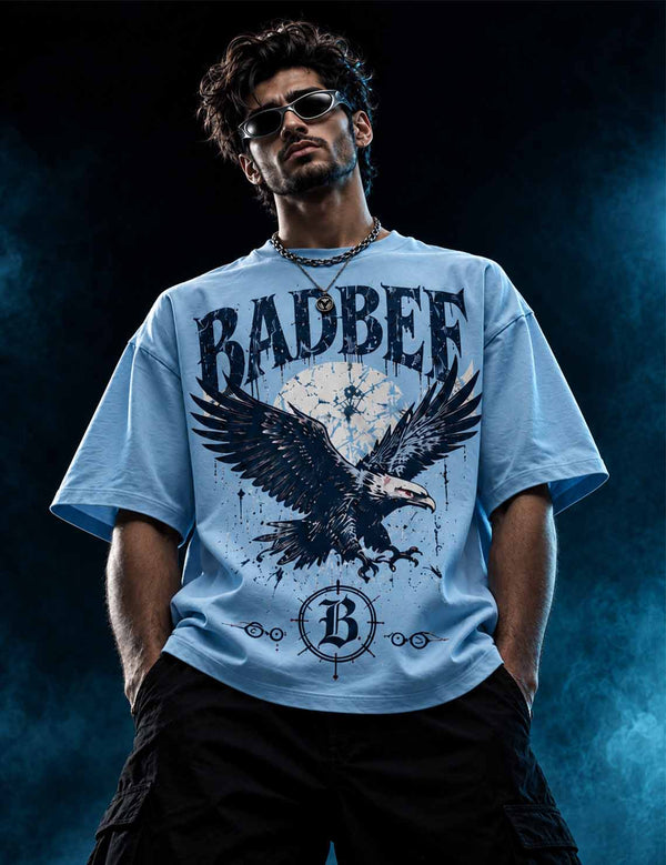Sky Reign – Sky Blue Eagle Graphic Oversized Half-Sleeve T-Shirt