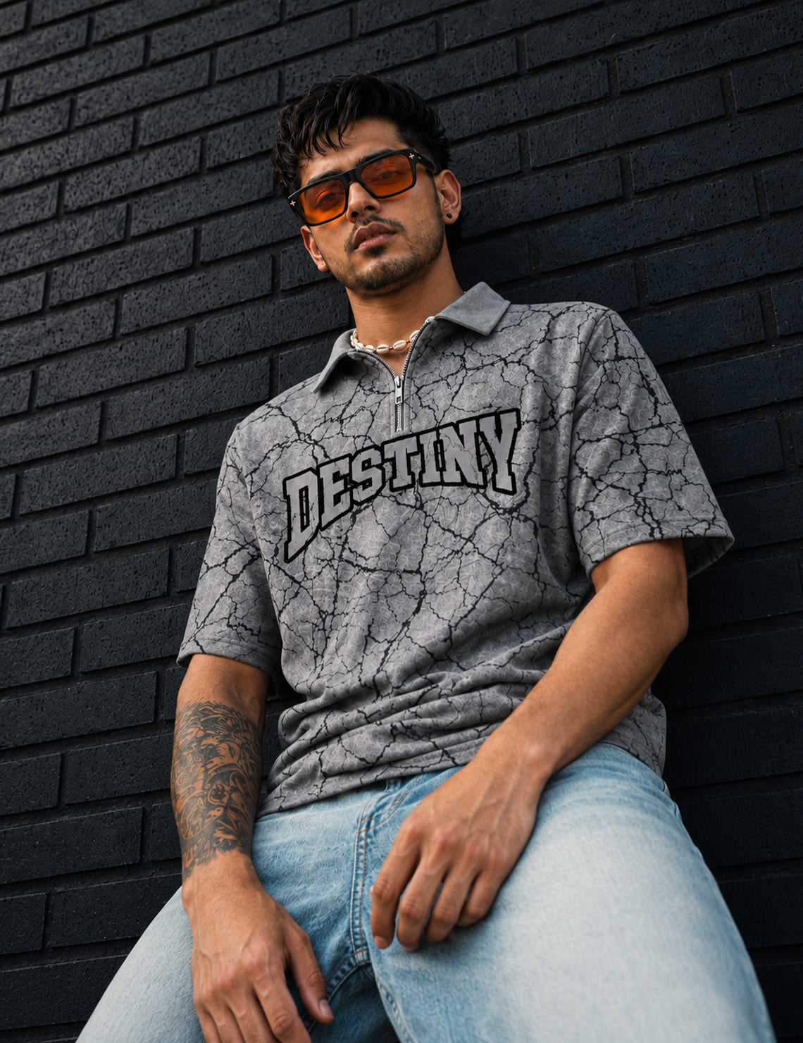 Force Printed Men Zip Neck Grey T-Shirt