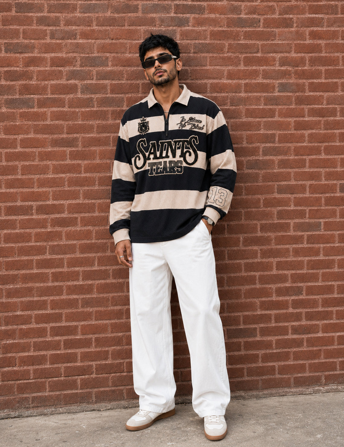 Force Printed Men Zip Neck Beige T-Shirt