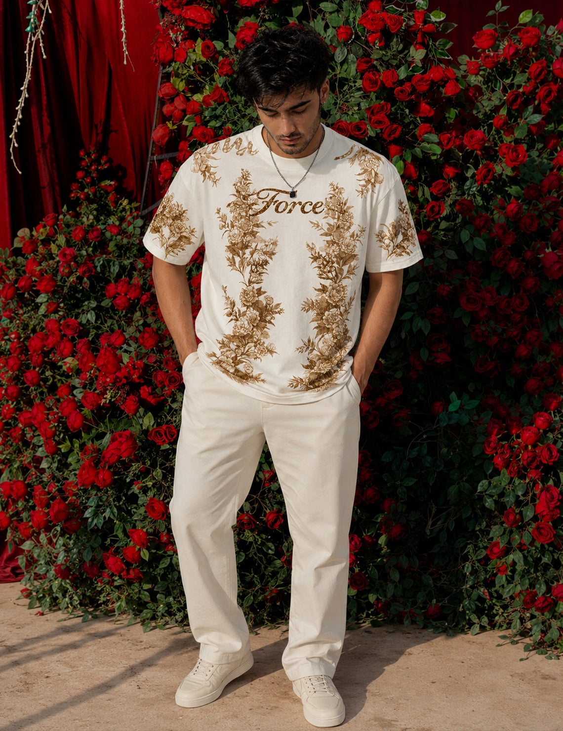 Force Printed Men Round Neck Beige T-Shirt