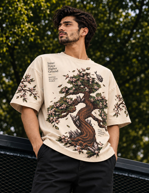 Zen Bloom – Cream Bonsai Graphic Oversized Half-Sleeve T-Shirt