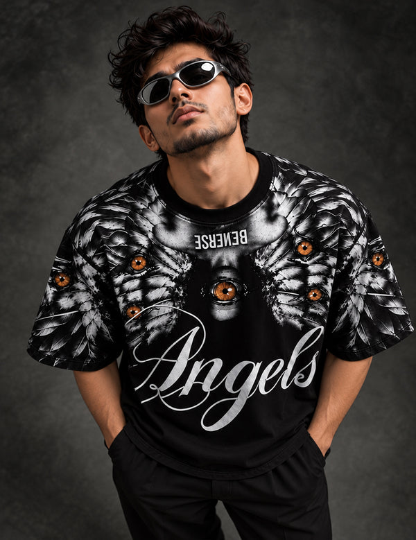 Seraphic Vision – Black Angel Graphic Half-Sleeve T-Shirt