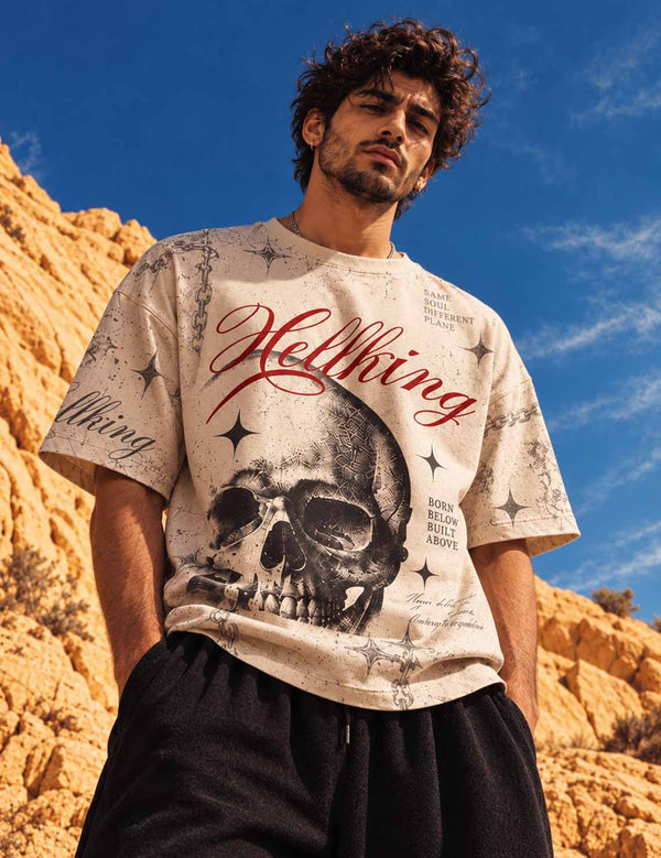 Hellking – Beige Skull Graphic Oversized Half-Sleeve T-Shirt