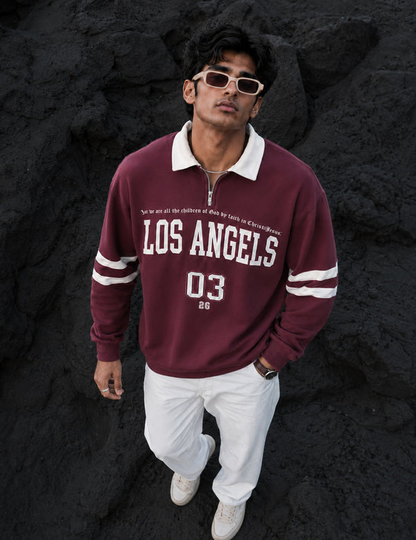 Force Printed Men Zip Neck Maroon T-Shirt