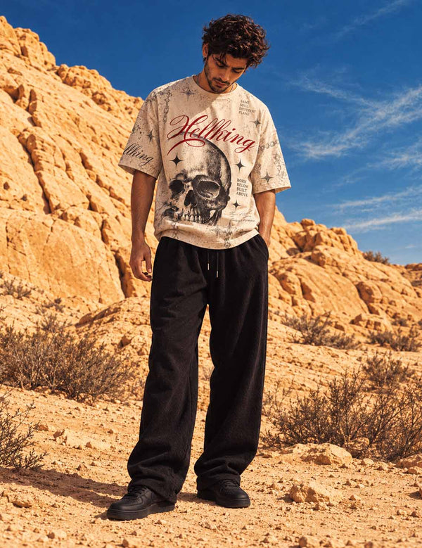 Hellking – Beige Skull Graphic Oversized Half-Sleeve T-Shirt