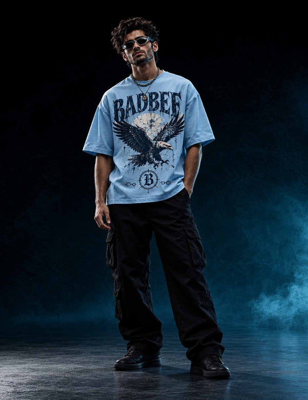 Sky Reign – Sky Blue Eagle Graphic Oversized Half-Sleeve T-Shirt