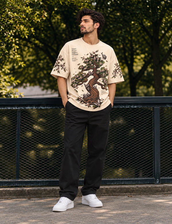 Zen Bloom – Cream Bonsai Graphic Oversized Half-Sleeve T-Shirt