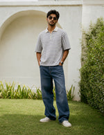 Force striped Men Zip Neck Blue T-Shirt