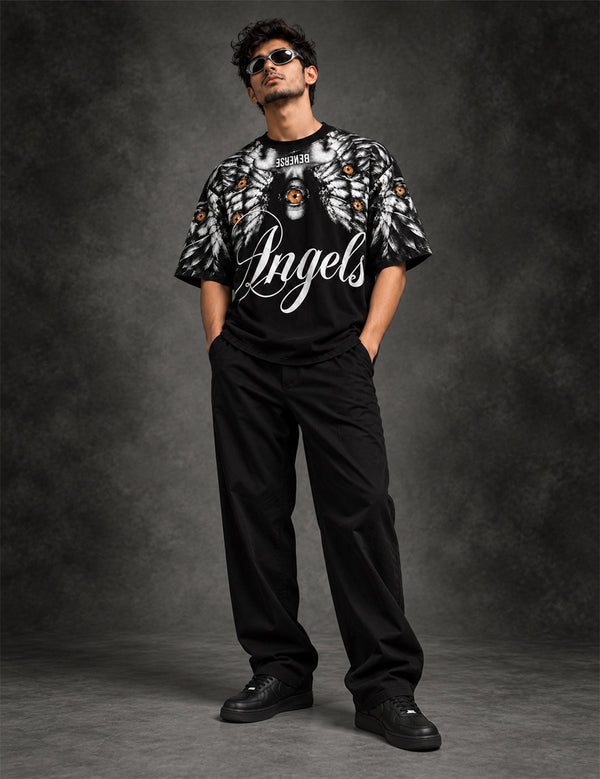 Seraphic Vision – Black Angel Graphic Half-Sleeve T-Shirt